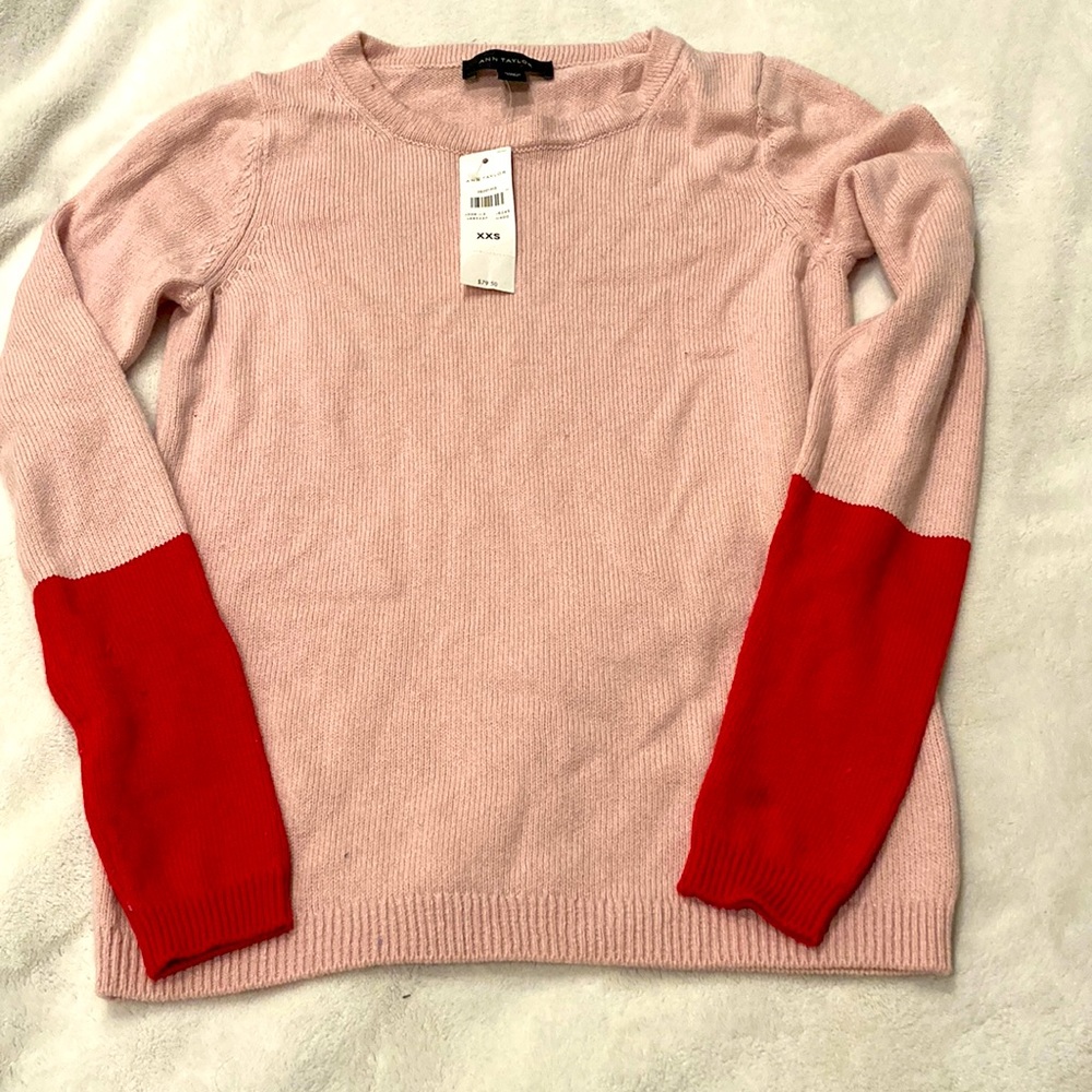 Ann Taylor pink and red color block XXS soft cashmere blend crew neck sweater